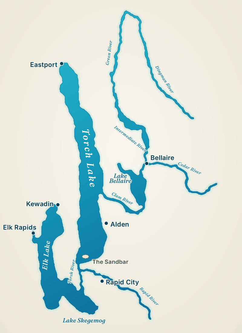 Map of Torch Lake and the Chain of Lakes showing Eastport, Kewadin, Elk Rapids, Alden, Bellaire and Rapid City, the sandbar at the south end, Elk Lake, Lake Skegemog, Lake Bellaire and the Torch, Clam, Rapid, Cedar and Intermediate rivers